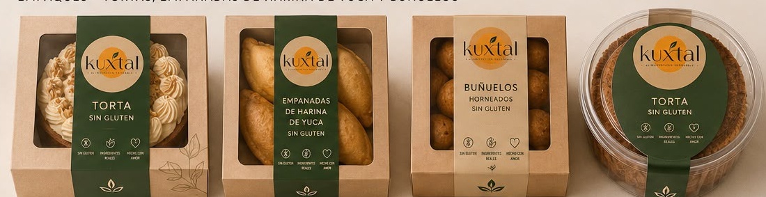Línea completa de empaques Kuxtal para tortas, empanadas y buñuelos